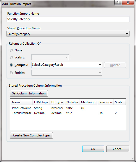 Function Import - Return complex type